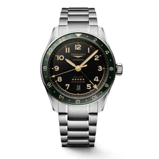 A silver-toned Longines Spirit men's watch with a stainless steel bracelet, anthracite dial, and green unidirectional bezel.