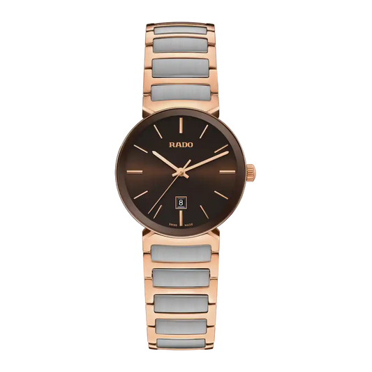 Rado watch with rose gold and gray ceramic band on a white background