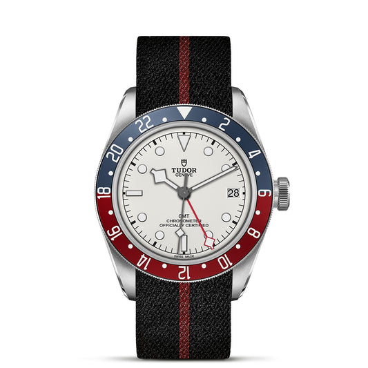 Tudor black bay gmt with 41mm steel case in white dial with fabric strap available at swiss paradise
