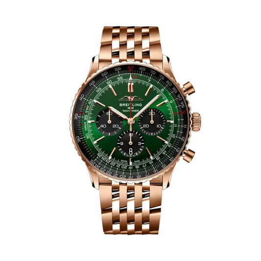 A Breitling Navitimer B01 Chronograph 46 watch with a green dial and 18K red gold bracelet.