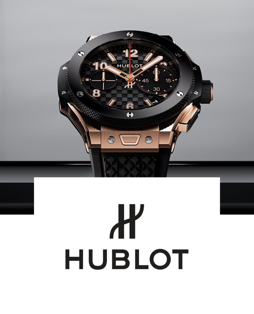 Hublot watch collection with black and rose gold design on a gray background available at swiss paradise
