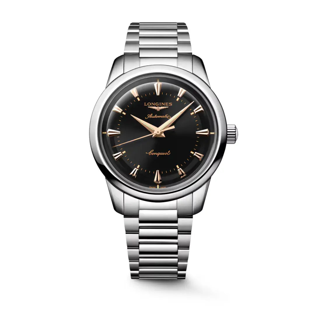 Longines heritage watch black dial with gold hands with stainless steel case and bracelet model number L1.650.4.52.6
