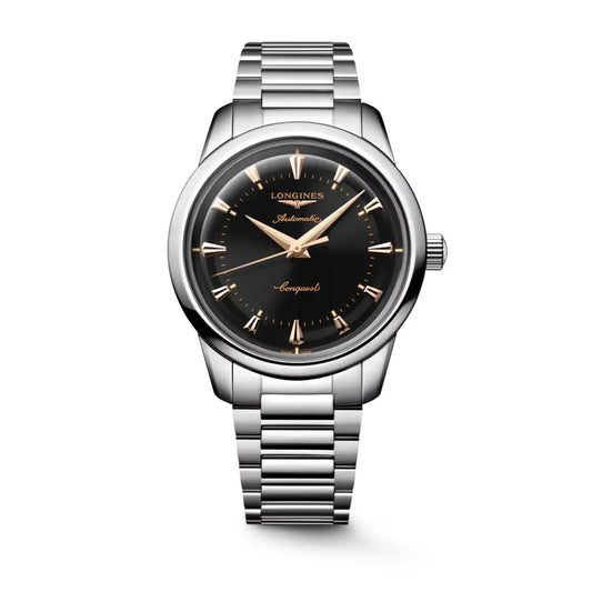 Longines heritage watch black dial with gold hands with stainless steel case and bracelet model number L1.650.4.52.6
