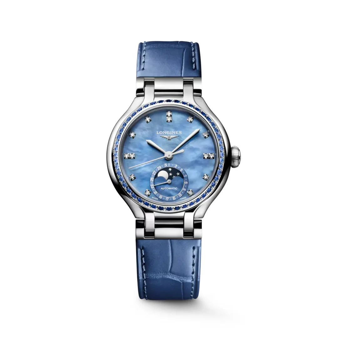 LONGINES PRIMALUNA MOONPHASE, L8.126.0.97.2, automatic watch, Ø 34.00 mm, stainless steel at Swiss Paradise.