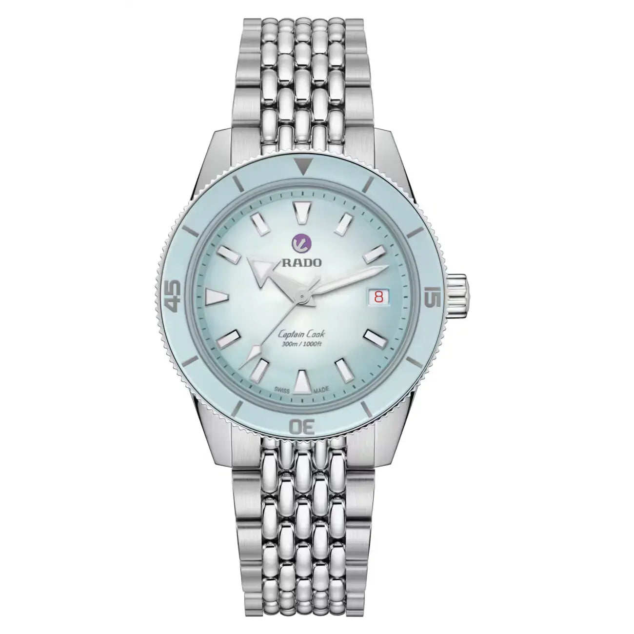 Silver watch with a light blue face on a white background r32223203 available at swiss paradise 