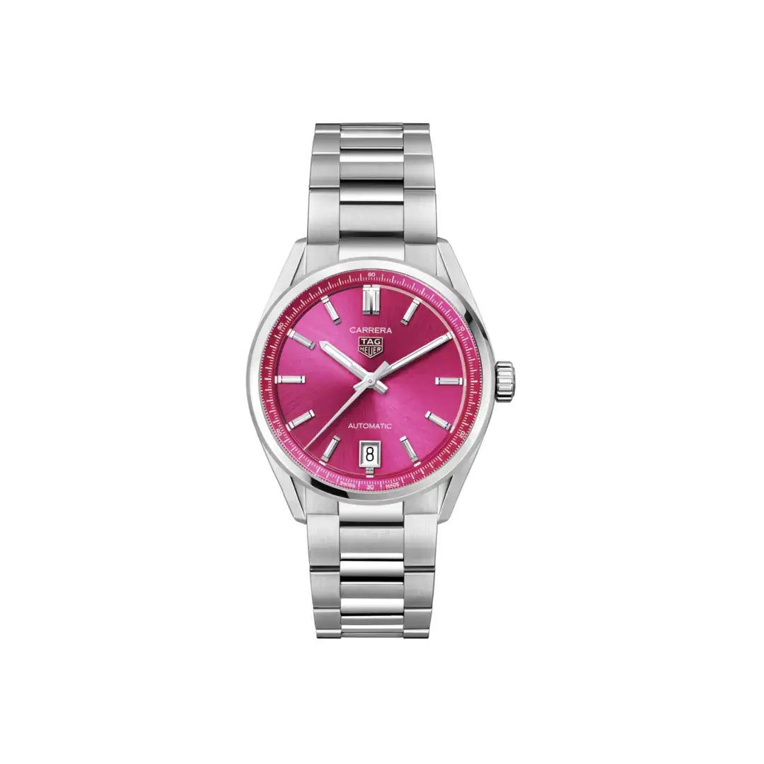 Tag Heuer Carrera date with 36mm pink dial in steel case and bracelet.