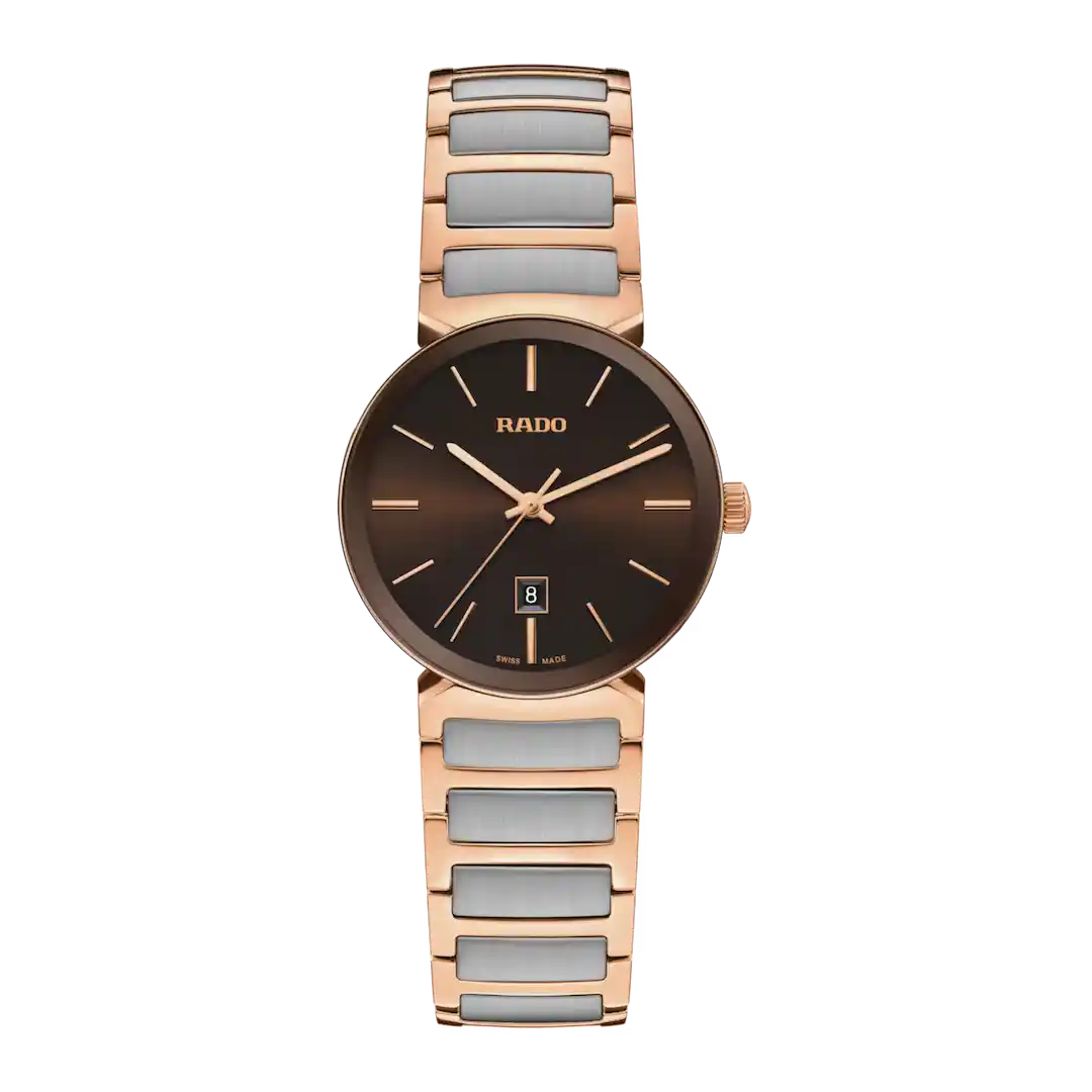 Rado watch with rose gold and gray ceramic band on a white background